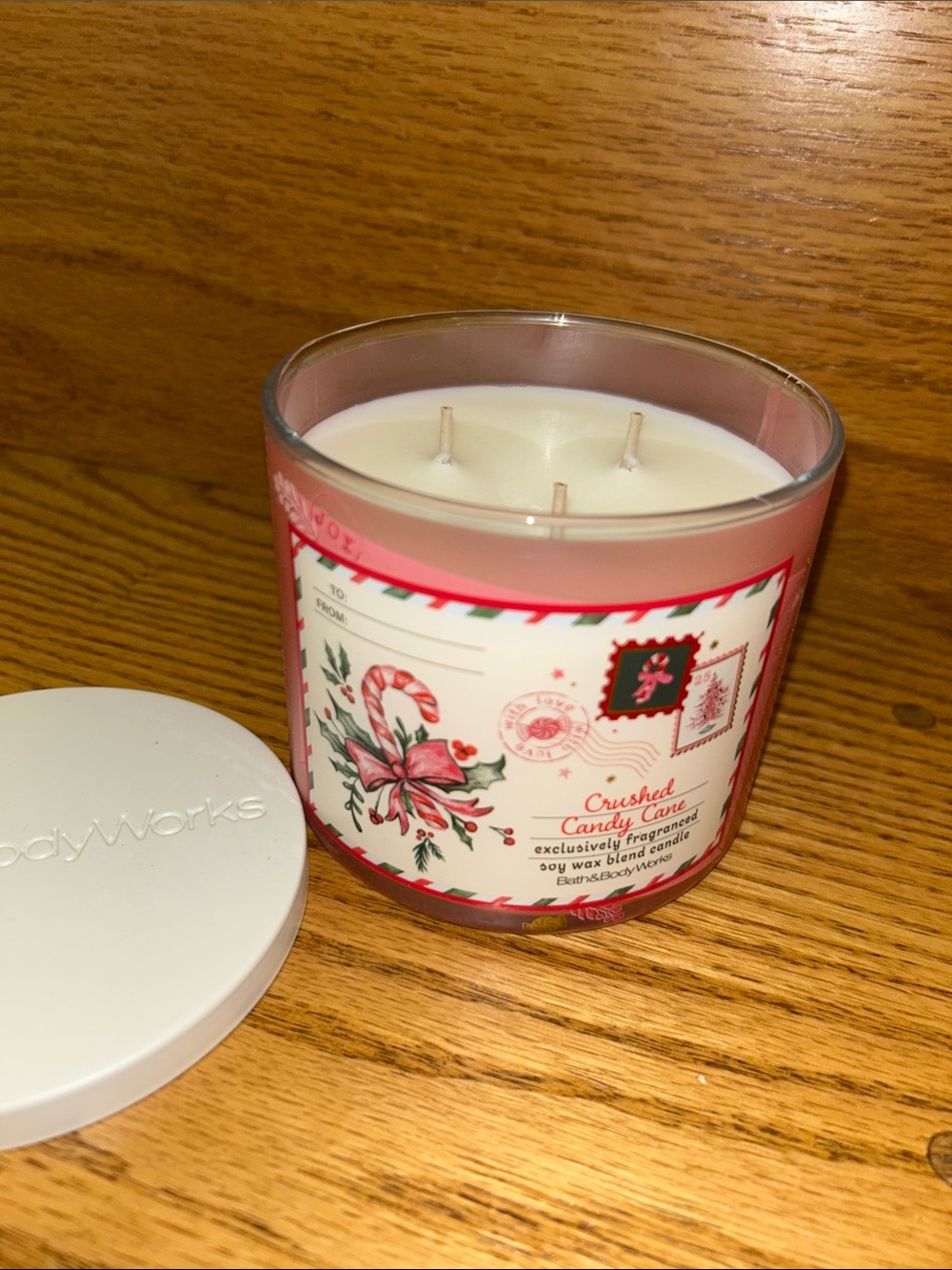 Bath & Body Works Crushed Candy Cane 3-Wick Candle - White, Pink
